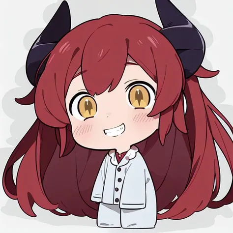 masterpiece, yuu, solo, chibi, red hair, yellow eyes, blush, pajamas, fang, simple background, grin, very long hair <lora:yuu-30:1>, demon horns