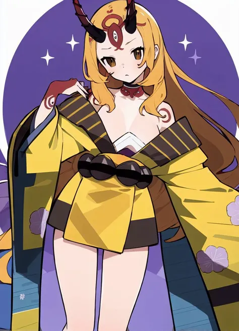 masterpiece, 1girl, yuu, <lora:yuu-30:1> , yellow kimono,cleavage, very long hair, japanese clothes, wide sleeves, off shoulder, floral print, beads, sash, bare legs, sharp fingernails, ibaraki_douji <lora:ibaraki_douji-30:.8>
