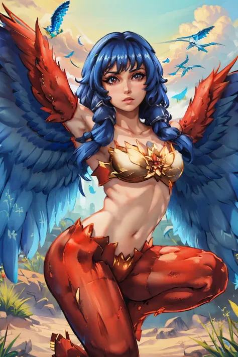 (a harpy girl),(best quality, ultra-detailed),(lie on the back),(leg spread),(wings above head),(each limb attached and spread by rope),(naked),(pussy exposed),(slut face)