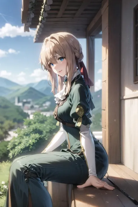 masterpiece, best quality, detailed, 1girl, blue eyes, long hair, blonde hair, medium breasts, light smile, Switzerland, the Alps, moutains, blooms, blue sky, from front,sitting, <lora:violetEvergarden_v10:1>, (violet_evergarden), blue_eyes, (((long dress))), ((look ahead)), from side, thinking, hands on thighs