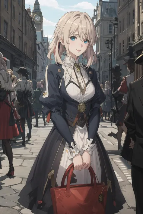 1girl, (big ben:1.2), (crowd:1.2), <lora:violetEvergarden_v10:1>, violet_evergarden, blue_eyes, medium_breasts, blonde_hair, (gothic_dress:1.4), (earrings:1.2), hair_ribbon, London, holding tote bag, smile, gem