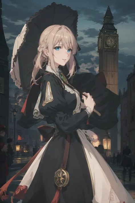 (smog:1.5), dark_clouds, (holding_lace_parasol:1.3), crowd, (twilight:0.6), 1girl, <lora:violetEvergarden_v10:1>, violet_evergarden, blue eyes, medium breasts, blonde hair, (black_gothic_dress:1.4), earrings, hair ribbon, (big ben:1.3), London, smile, gem,