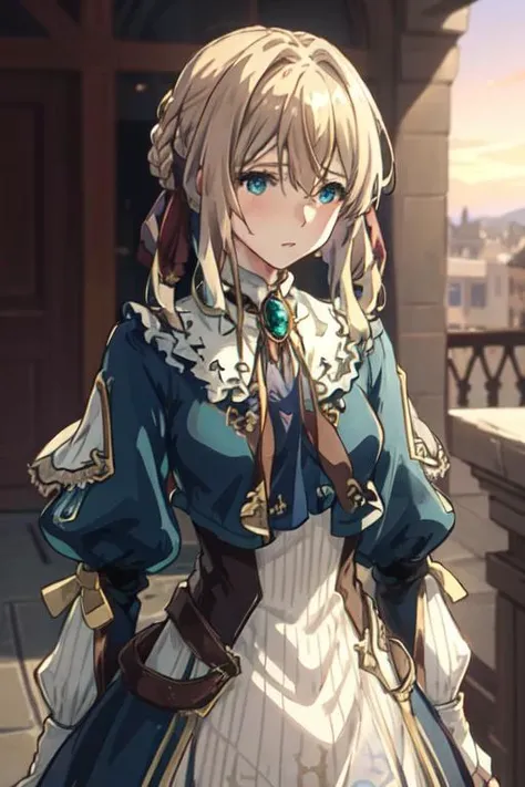 upper body, solo, <lora:violetEvergarden_v10:1> , violet_evergarden, jewelry, blonde updo hair with ribbon, long sleeves, brooch, ribbon, aqua eyes, jacket, dress, emerald, town, hill, sunset street,