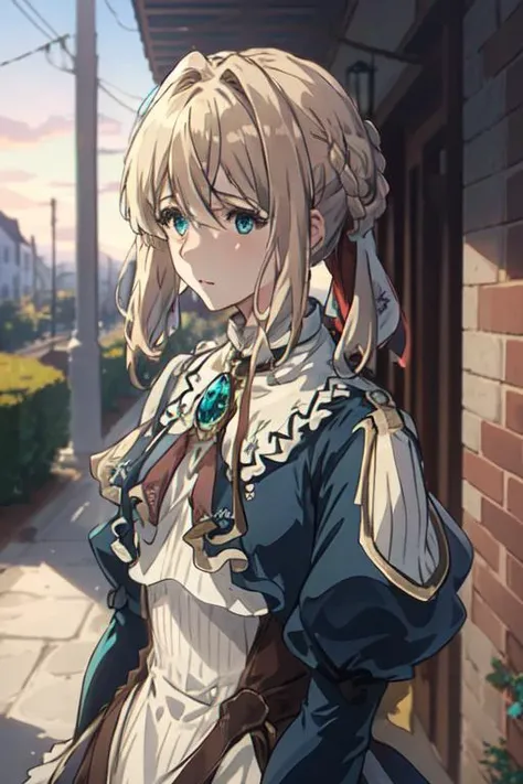 upper body, solo, <lora:violetEvergarden_v10:1> , violet_evergarden, jewelry, blonde updo hair with ribbon, long sleeves, brooch, ribbon, aqua eyes, jacket, dress, emerald, town, hill, sunset street,