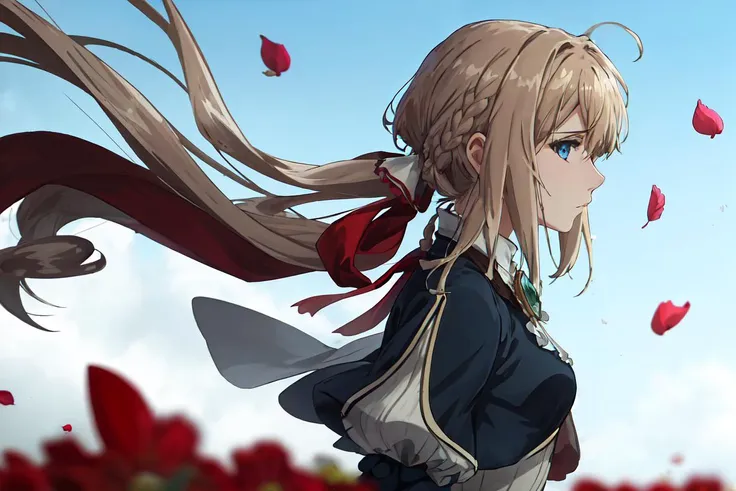 (dynamic angle:1.3),windy,cinematic highlight,tyndalleffect,1girl,upper body,raised arm,looking at viewer, , extreme close up,violet_evergarden, solo, jewelry, expressionless,brooch, blonde_hair,( vevry long hair:1.2),messy_hair,floating hairlong_sleeves, ribbon, blue_eyes, jacket, dress, gem, hair_ribbon,sky, depth_of_field, flower field, flying petal,Motion blur,from side,
<lora:Ever garden:0.8>,masterpiece,