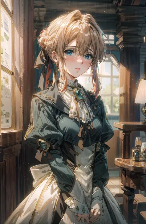 (masterpiece:1,2), best quality, cinematic highlight,tyndalleffect,high resolution, 4k,highres, original, extremely detailed wallpaper, perfect lighting,(extremely detailed CG:1.2), nfsw,
blue eyes, solo, violet_evergarden, jewelry, blonde updo hair with ribbon, long sleeves, brooch, ribbon, aqua eyes,(red hair ribbon),(jacket), dress, (emerald,gem, brooch), (((face only))),town, hill, sunset street, (looking at viewer:1.3),<lora:add_detail:0.5>, <lora:Ever garden:1>