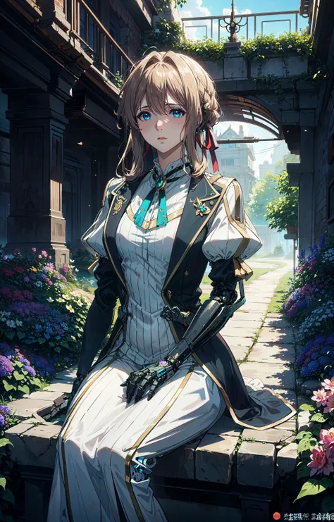 official art,unity 8k wallpaper,ultra detailed,beautiful and aesthetic,masterpiece,best quality,garden in the background,flower world,(fractal art:1.1),1girl,Violet Evergarden,blond,blue_eyes,dress,ribbon,jacket,jewel,(look at the audience),extremely detailed,dynamic angle,cowboyshot,(elegant),(sad),vivid colours,(romanticism),baihuaniang,flowers made of metal,flower,<lora:CyberPunkAI:0.5>,CyberPunkAI,fantasy tech,((robotic arm)),(flowers float all around),<lora:Ever garden:0.7>,violet_evergarden,look at the audience,sit,