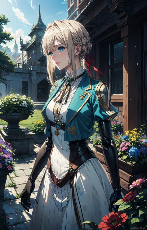 official art,unity 8k wallpaper,ultra detailed,beautiful and aesthetic,masterpiece,best quality,garden in the background,flower world,(fractal art:1.1),1girl,Violet Evergarden,blond,blue_eyes,dress,ribbon,jacket,jewel,(look at the audience),extremely detailed,dynamic angle,cowboyshot,(elegant),(sad),vivid colours,(romanticism),baihuaniang,flowers made of metal,flower,<lora:CyberPunkAI:0.5>,CyberPunkAI,fantasy tech,(robotic arm),(flowers float all around),<lora:Ever garden:0.7>,violet_evergarden,look at the audience,