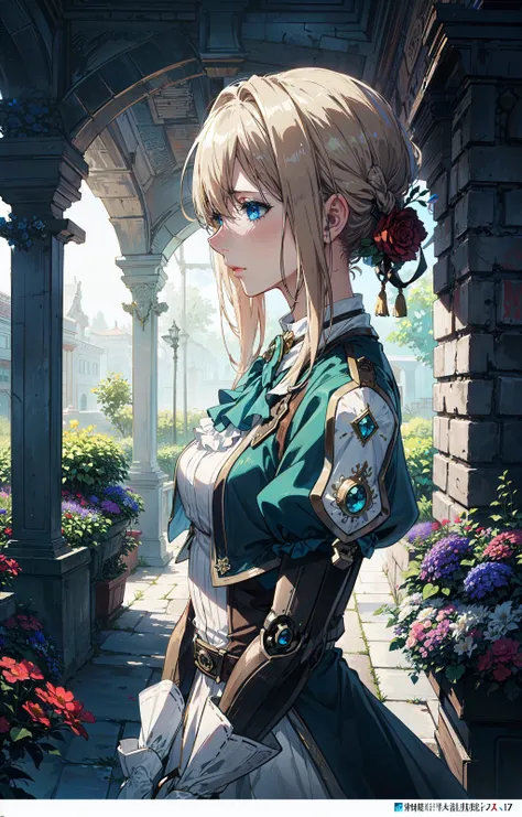 official art,unity 8k wallpaper,ultra detailed,beautiful and aesthetic,masterpiece,best quality,garden in the background,flower world,(fractal art:1.1),1girl,Violet Evergarden,blond,blue_eyes,dress,ribbon,jacket,jewel,(look at the audience),extremely detailed,dynamic angle,cowboyshot,(elegant),(sad),vivid colours,(romanticism),baihuaniang,flowers made of metal,flower,<lora:CyberPunkAI:0.5>,CyberPunkAI,fantasy tech,(robotic arm),(flowers float all around),<lora:Ever garden:0.7>,violet_evergarden,look at the audience,