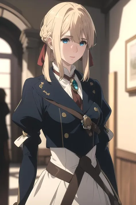 (masterpiece, best quality, unity 8k wallpaper, highres, absurdres, background), depth of field, perfect lighting, cinematic shadows, BREAK
 (super_perfect_good anatomy head face fingers arms hands limbs, slender:1.2, constricted waist:1.2), BREAK
 (super_beautiful_detailed 1girl very_saggy_long_breasts blonde_hairhair_ribbon blue_kind_eyes face nose mouth skin long_sleeves ribbon jacket long_dress gem brooch brown_gloves:1.2), solo, violet_evergarden, <lora:Ever garden:1>, BREAK
 (poses angle scenery background wonderful_match:1.2), fantasy, BREAK
