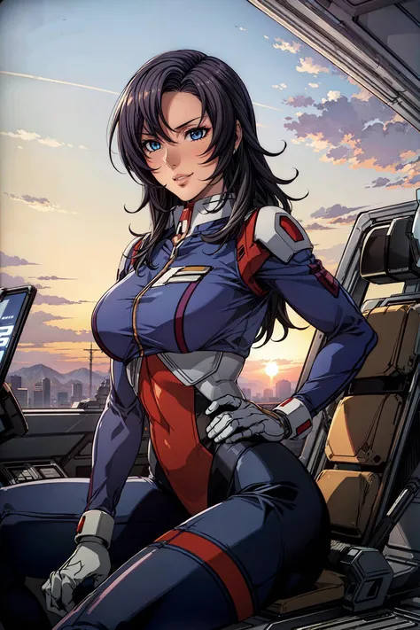 <lora:more_details:0.25>,
<lora:flat2:-0.35>,
Highly detailed, High Quality,masterpiece, best quality, hyres,intricate detail, extreme detail,
diamond eyes,
two-tone hair,long hair, hime cut,one eye visible through hair,hairband, headgear,
1girl,
large breasts, slender,parted lips,
tsurime, long eyelashes, makeup,eyeshadow,
seductive smile,bewitching,fascinating,voluptuous,
stretch legs, sitting on cockpit seat,holding control lever,
(plugsuit:0.6), (exoskeleton:1.1), bodysuit, pilot suit, flight_suit,headgear, Muv-Luv,muvluv, muvluv alternative,
fortified_suit, seat belt,seatbelt, emblem on suit,earphones, control lever,
(gundam seed:1.2), mobile suit, earth_federation,
close up,
(in cockpit, cockpit,:1.1)
Mscockpit, cockpit,  <lora:mscockpit:0.4>,
sunset, sunset glow,
hrm, <lora:hrm_v13:0.7>,