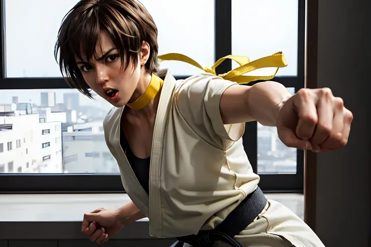 hdr, makoto, yellow ribbon choker,white dougi, black belt, punching, dynamic shot,looking at viewer, angry, serious, mouth open, indoors, dojo, simple background, bounce lighting, extremely detailed, <lora:Makoto:.8>