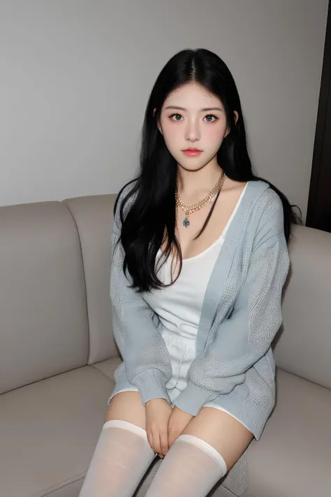 masterpiece, best quality, highres,1girl, looking at viewer, hotel room, cardigan, front view, dim light, necklace, sitting on couch, white pantyhose,blush, pantyshot, hands on legs
<lora:yurumie_v3-000008:0.7>