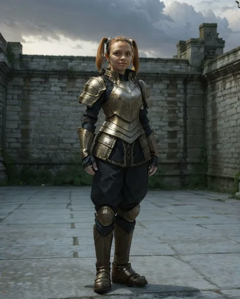 <lora:Kohana:0.5>, <lora:L2Gnome:0.55>, (eye contact), armor, (full body photo), (dwarf:0.7), against the background of the castle, sunset, realistic photo