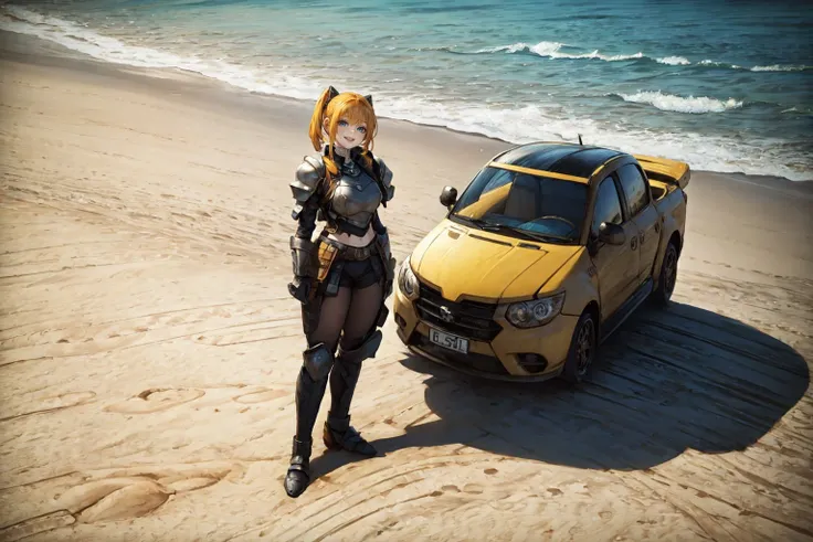 1girl and boy, <lora:L2Gnome:0.4> l2gnome, short girl,looking at viewer, smile, blue eyes, from above, standing with an adult,armor,
big boobs, (beach:1.2), (palm:1.2),sand,
,(best quality:1.3), (masterpiece:1.3),