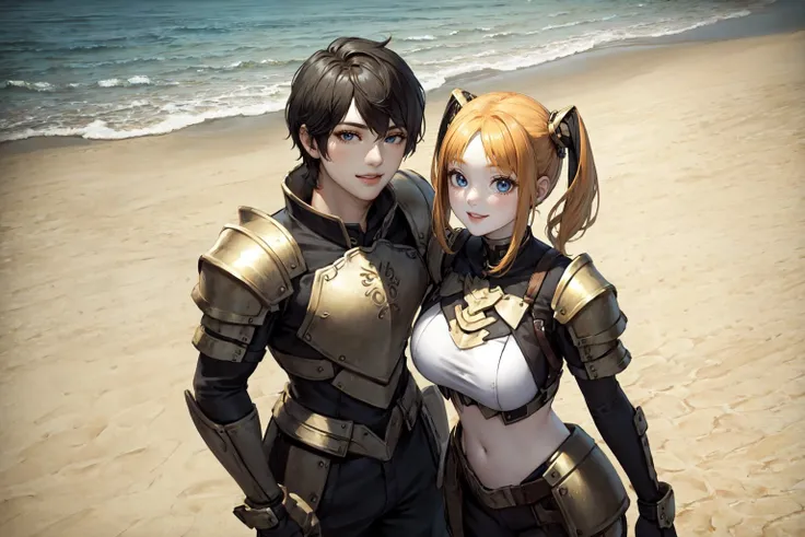 1girl and boy, <lora:L2Gnome:0.4> l2gnome, gnome ,looking at viewer, smile, blue eyes, from above, standing with an adult,armor,
big boobs, (beach:1.2), (palm:1.2),sand,
,(best quality:1.3), (masterpiece:1.3),