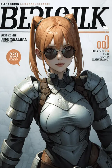 1girl,solo,yellow eyes,red hair,long hair, orc,orc girl,colored skin,green skin,huge breasts,(crown) ,full armor,eyepatch,muscular female, smirk, upper body,looking at viewer,magazine cover,