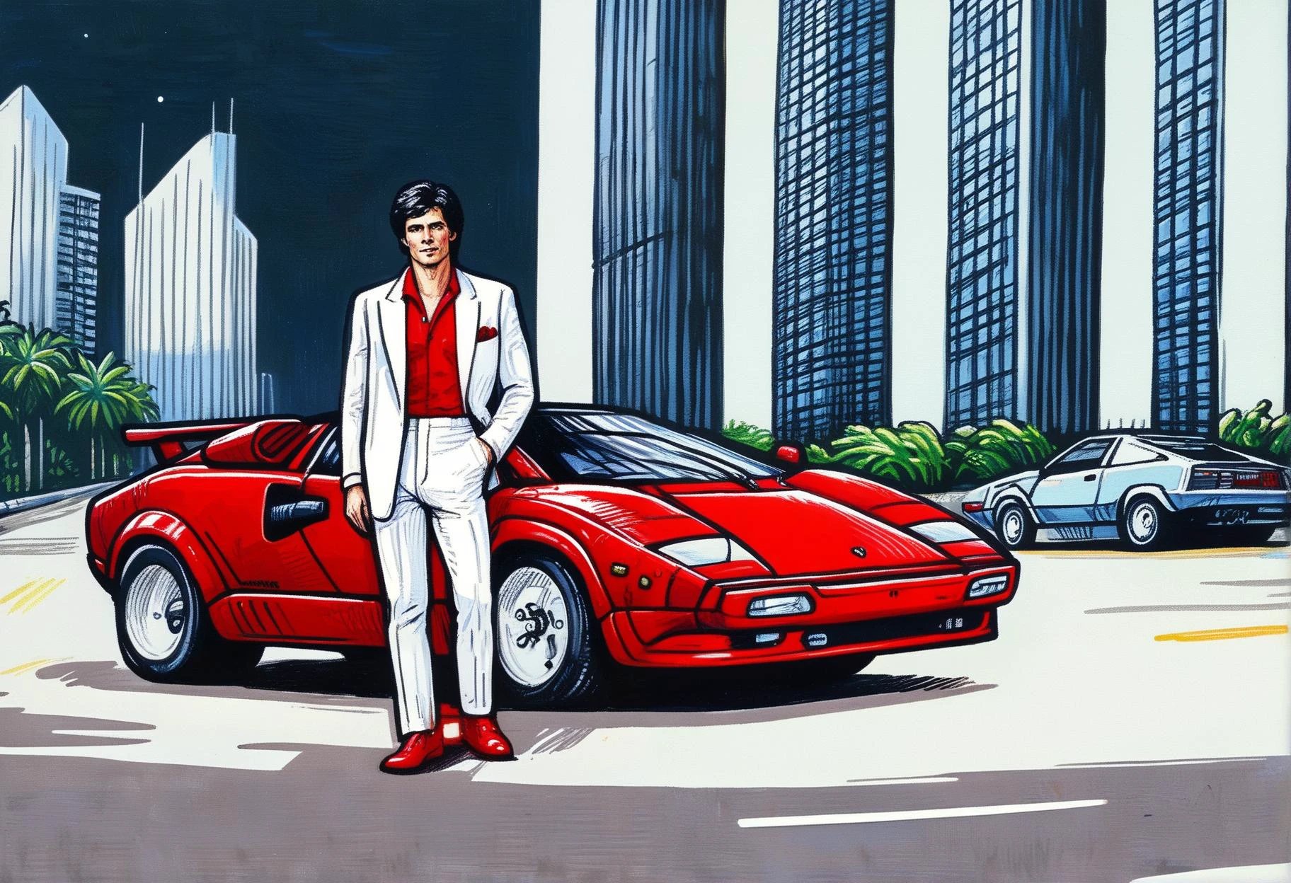 illustration: a (man-leaning-on-a-countach, mainfocus), short-dark-hair, white suit, atheltic build, behind a (empty-miami-street-highrise-each-side-of-road), 1980s, red car, (masterpiece), detailed, (best quality), <lora:SDXL\countachlp5000_xl_lora_f32:1.0>, <lora:SDXL\ral-fltpn-sdxl:1.4>