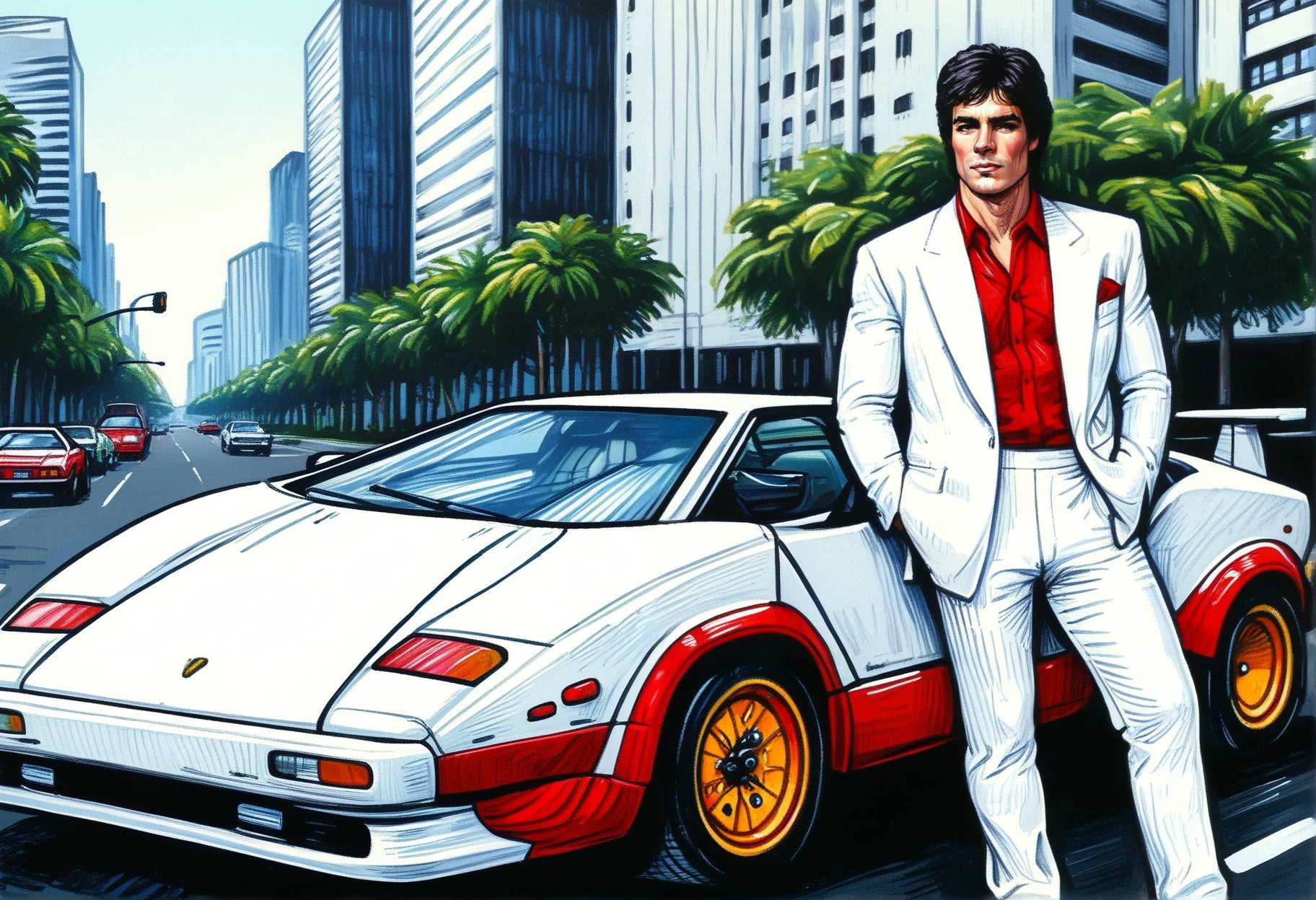 illustration: a (man-leaning-on-a-countach, mainfocus), short-dark-hair, white suit, atheltic build, behind a (empty-miami-street-highrise-each-side-of-road), 1980s, red car, (masterpiece), detailed, (best quality), <lora:SDXL\countachlp5000_xl_lora_f32:0.8>, <lora:SDXL\ral-fltpn-sdxl:1.4>