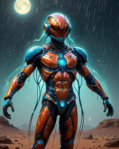 bioluminescent, fabulous, magical radiance, Concept art, depth of field, realistic, cinematic lighting, soft shadows, asymmetrical fractal, colorful, vivid colors, volumetric lighting, wind, particles, stylized by Alexander Fedosav, ral-fltpn of a (Male Martian:1.1) , Raining, <lora:ral-fltpn:1>