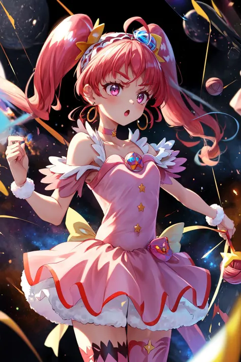 masterpiece,best quality,high resolution,highly detailed,detailed background,ultra-detailed,glistening shiny,glowing light,shiny eyes,1girl,cure star,pink dress,twintails,hair bun,ahoge,star hair ornament,(((single)) thighhigh),bareleg,fur cuffs,bare shoulders,hairband,choker,earrings,jewelry,(serious,:o),fighting stance,action pose,attack,motion lines,motion blur,shockwave,outer space,universe,cowboy shot,<lora:locon_cure_star_03:0.9>,<lora:Concept-control tool-add_detail-CyberAIchemist:0.6>,