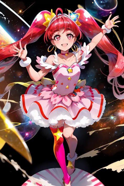 masterpiece,best quality,high resolution,highly detailed,detailed background,ultra-detailed,glistening shiny,glowing light,shiny eyes,1girl,cure star,pink dress,twintails,hair bun,ahoge,star hair ornament,((single)) thighhigh,bareleg,fur cuffs,bare shoulders,hairband,choker,earrings,jewelry,smile,dynamic pose,outer space,starry universe,<lora:locon_cure_star_03:0.9>,<lora:Concept-control tool-add_detail-CyberAIchemist:1>,