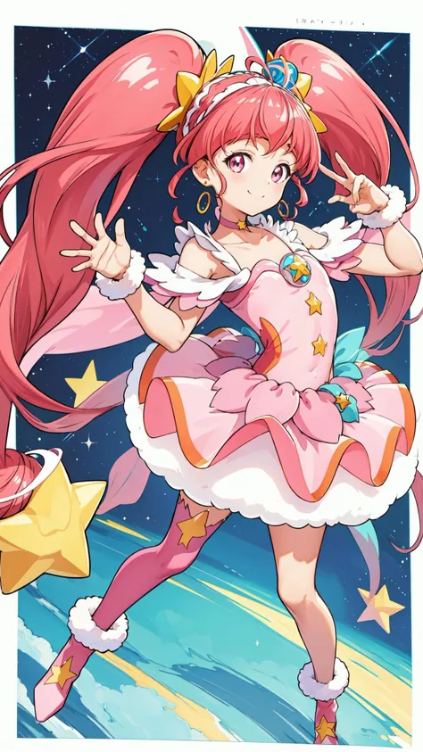 masterpiece, best quality, high quality, highres, detailed beautiful face and eyes, extremely detailed, unity 8k wallpaper, (pastel colors, colorful background),
<lora:locon_cure_star_03:1> (cure star), pink dress, twintails, hair bun, ahoge, star hair ornament, ((single)) thighhigh, bareleg, fur cuffs, bare shoulders, hairband, choker, earrings, jewelry
star \(symbol\), earth \(planet\), outer space,
(cute pose:1.3), (smile), (looking at viewer:1.4), cheerful,
<lora:×tachi-e:0.9> white background, full body