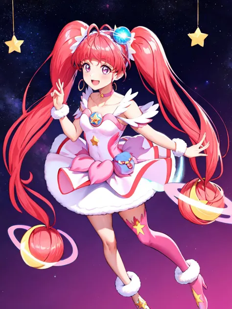 masterpiece, best quality, highres, looking at viewer, depth_of_field, full body,
1girl, <lora:locon_cure_star_03:0.9>, cure star, pink dress, twintails, hair bun, ahoge, star hair ornament, ((single)) thighhigh, fur cuffs, bare shoulders, hairband, choker, earrings, jewelry,
smile, standing, gradient background, galaxy, hands_up,
