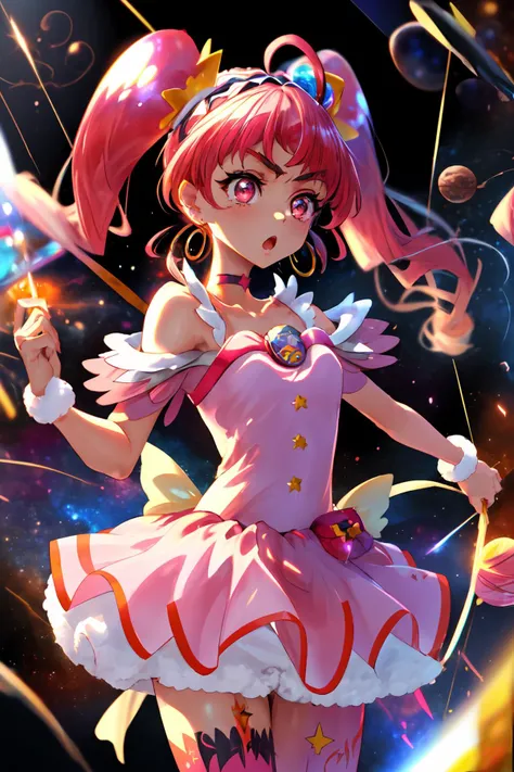 masterpiece,best quality,high resolution,highly detailed,detailed background,ultra-detailed,glistening shiny,glowing light,shiny eyes,1girl,cure star,pink dress,twintails,hair bun,ahoge,star hair ornament,(((single)) thighhigh),bareleg,fur cuffs,bare shoulders,hairband,choker,earrings,jewelry,(serious,:o),fighting stance,action pose,attack,motion lines,motion blur,shockwave,outer space,universe,cowboy shot,<lora:locon_cure_star_03:0.9>,