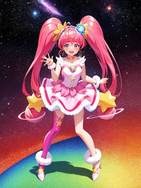 masterpiece, best quality, highres, looking at viewer, depth_of_field, full body,
1girl, <lora:locon_cure_star_03:0.9>, cure star, pink dress, twintails, hair bun, ahoge, star hair ornament, ((single)) thighhigh, fur cuffs, bare shoulders, hairband, choker, earrings, jewelry, bareleg,
smile, standing, gradient background, galaxy, hands_up,
