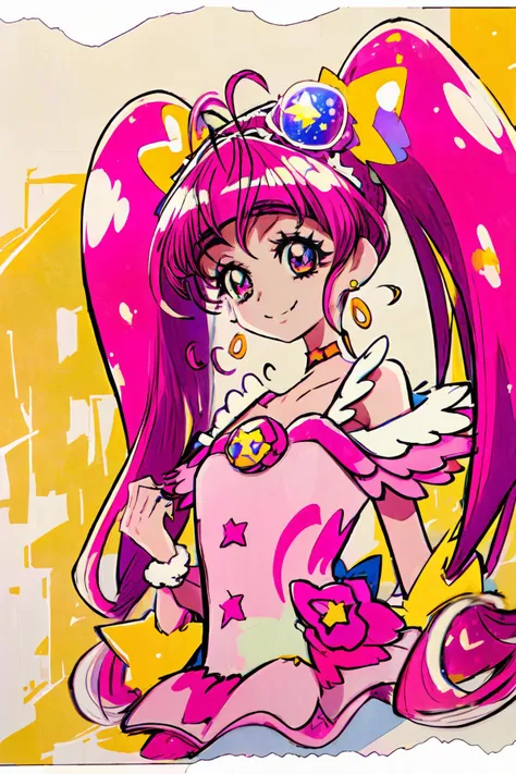 masterpiece,best quality,1girl,cure star,pink dress,twintails,hair bun,ahoge,star hair ornament,fur cuffs,bare shoulders,hairband,choker,earrings,jewelry,smile,starry universe,upper body,<lora:locon_cure_star_03:0.9>,<lora:KamikitaV2:0.8>,