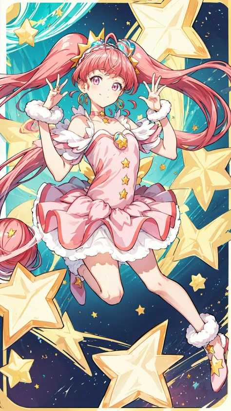 masterpiece, best quality, high quality, highres, detailed beautiful face and eyes, extremely detailed, unity 8k wallpaper, (pastel colors, colorful background),
<lora:locon_cure_star_03:1> (cure star:1.1), pink dress, twintails, (hair bun), ahoge, star hair ornament, ((single)) thighhigh, bareleg, fur cuffs, bare shoulders, hairband, choker, earrings, jewelry
star \(symbol\),
(cute pose:1.3), (smile), (looking at viewer:1.4), cheerful,
<lora:×tachi-e:0.9> white background, full body
<lora:×add_detail:0.5>