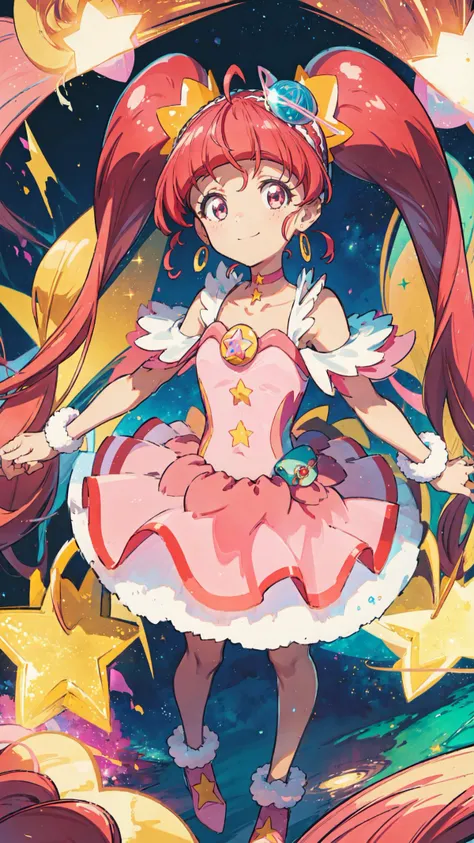 masterpiece, best quality, high quality, highres, detailed beautiful face and eyes, extremely detailed, unity 8k wallpaper, (pastel colors, colorful background),
<lora:locon_cure_star_03:1> (cure star), pink dress, twintails, hair bun, ahoge, star hair ornament, ((single)) thighhigh, bareleg, fur cuffs, bare shoulders, hairband, choker, earrings, jewelry
star \(symbol\), earth \(planet\), outer space,
(cute pose:1.3), (smile), (looking at viewer:1.4), cheerful,
<lora:×tachi-e:0.9> white background, full body