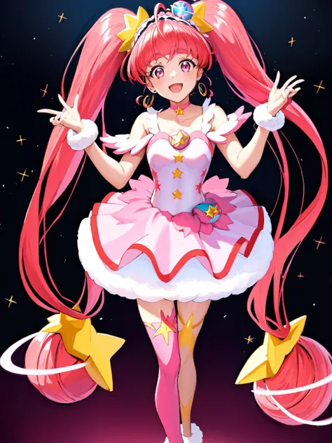 masterpiece, best quality, highres, looking at viewer, depth_of_field, full body,
1girl, <lora:locon_cure_star_03:0.9>, cure star, pink dress, twintails, hair bun, ahoge, star hair ornament, (single thighhigh), fur cuffs, bare shoulders, hairband, choker, earrings, jewelry,
smile, standing, gradient background, hands_up,