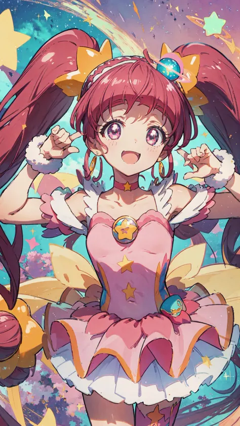 masterpiece, best quality, high quality, highres, detailed beautiful face and eyes, extremely detailed, unity 8k wallpaper, (pastel colors:1.3), (colorful background),
<lora:locon_cure_star_03:1> (cure star), pink dress, twintails, hair bun, ahoge, star hair ornament, ((single)) thighhigh, bareleg, fur cuffs, bare shoulders, hairband, choker, earrings, jewelry
star \(symbol\), earth \(planet\), outer space,
(cute pose), (smile), (looking at viewer:1.4), cheerful, open mouth, (spread legs:0.25),
<lora:×tachi-e:0.8>, zooming out,