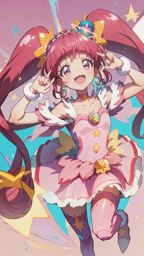 masterpiece, best quality, high quality, highres, detailed beautiful face and eyes, unity 8k wallpaper, (pastel colors:1.3), (colorful background),
<lora:locon_cure_star_03:1> (cure star), pink dress, twintails, hair bun, ahoge, star hair ornament, ((single)) thighhigh, bareleg, fur cuffs, bare shoulders, hairband, choker, earrings, jewelry
star \(symbol\), earth \(planet\),
(from front:1.3), (palm up:1.4), star \(symbol\), star \(symbol\),
(cute pose:1.3), (smile), (looking at viewer:1.4), cheerful, open mouth, (spread legs:0.25),
portrait, full body, dutch angle, standing,