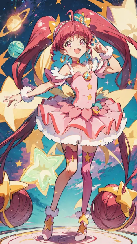 masterpiece, best quality, high quality, highres, detailed beautiful face and eyes, extremely detailed, unity 8k wallpaper, (pastel colors:1.3), (colorful background),
<lora:locon_cure_star_03:1> (cure star), pink dress, twintails, hair bun, ahoge, star hair ornament, ((single)) thighhigh, bareleg, fur cuffs, bare shoulders, hairband, choker, earrings, jewelry
star \(symbol\), earth \(planet\), outer space,
(cute pose:1.3), (smile), (looking at viewer:1.4), cheerful, open mouth, (spread legs:0.25),
<lora:×tachi-e:0.85>, full body,