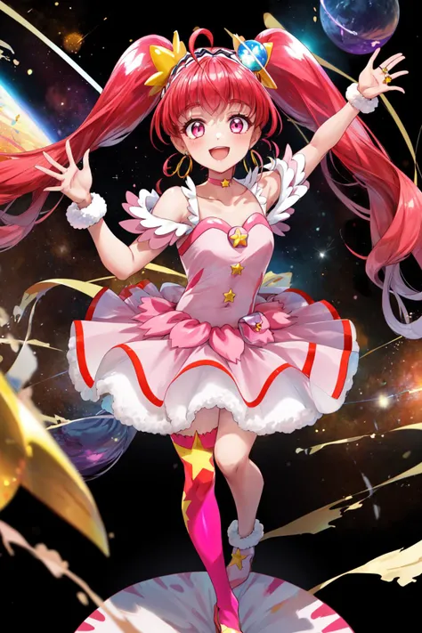masterpiece,best quality,high resolution,highly detailed,detailed background,ultra-detailed,glistening shiny,glowing light,shiny eyes,1girl,cure star,pink dress,twintails,hair bun,ahoge,star hair ornament,((single)) thighhigh,bareleg,fur cuffs,bare shoulders,hairband,choker,earrings,jewelry,smile,dynamic pose,outer space,starry universe,<lora:locon_cure_star_03:0.9>,<lora:Concept-control tool-add_detail-CyberAIchemist:0.8>,