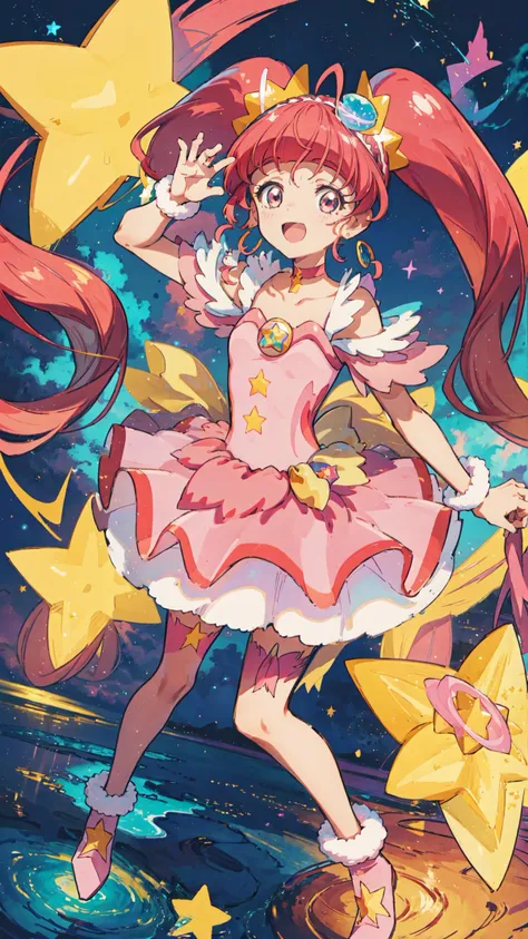 masterpiece, best quality, high quality, highres, detailed beautiful face and eyes, extremely detailed, unity 8k wallpaper, (pastel colors:1.3), (colorful background),
<lora:locon_cure_star_03:1> (cure star), pink dress, twintails, hair bun, ahoge, star hair ornament, ((single)) thighhigh, bareleg, fur cuffs, bare shoulders, hairband, choker, earrings, jewelry
star \(symbol\), earth \(planet\), outer space,
(from front:1.3), (palm up:1.4), (star \(symbol\) on the palm:1.4), have a star \(symbol\),
(cute pose:1.3), (smile), (looking at viewer:1.4), cheerful, open mouth, (spread legs:0.25),
<lora:×tachi-e:0.8>, (full body),