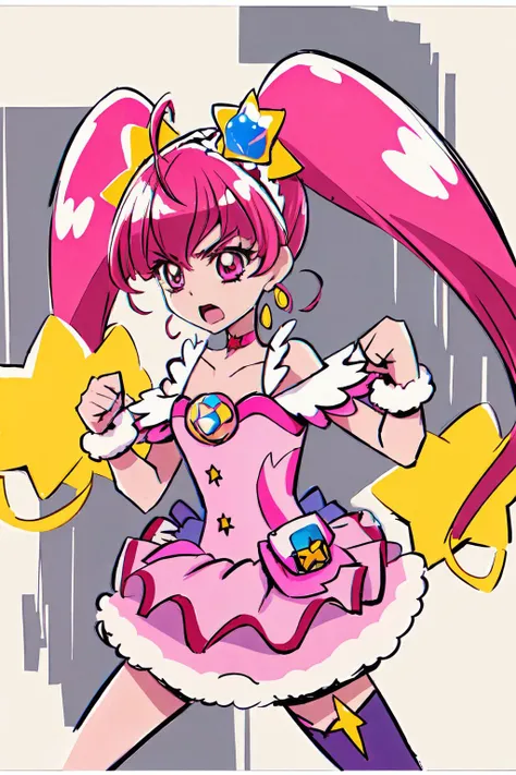 masterpiece,best quality,high resolution,highly detailed,detailed background,ultra-detailed,glistening shiny,glowing light,shiny eyes,1girl,cure star,pink dress,twintails,hair bun,ahoge,star hair ornament,((single)) thighhigh,bareleg,fur cuffs,bare shoulders,hairband,choker,earrings,jewelry,(serious,shouting),fighting stance,action pose,attack,punching,motion lines,motion blur,shockwave,outer space,universe,cowboy shot,<lora:locon_cure_star_03:0.9>,<lora:KamikitaV2:0.8>,