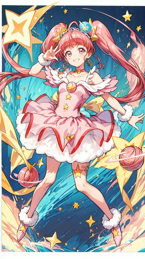masterpiece, best quality, high quality, highres, detailed beautiful face and eyes, extremely detailed, unity 8k wallpaper, (pastel colors, colorful background),
<lora:locon_cure_star_03:1> (cure star:1.1), pink dress, twintails, (hair bun), ahoge, star hair ornament, ((single)) thighhigh, bareleg, fur cuffs, bare shoulders, hairband, choker, earrings, jewelry
star \(symbol\),
(cute pose:1.3), (smile), (looking at viewer:1.4), cheerful,
<lora:×tachi-e:1> white background, full body
<lora:×add_detail:0.8>