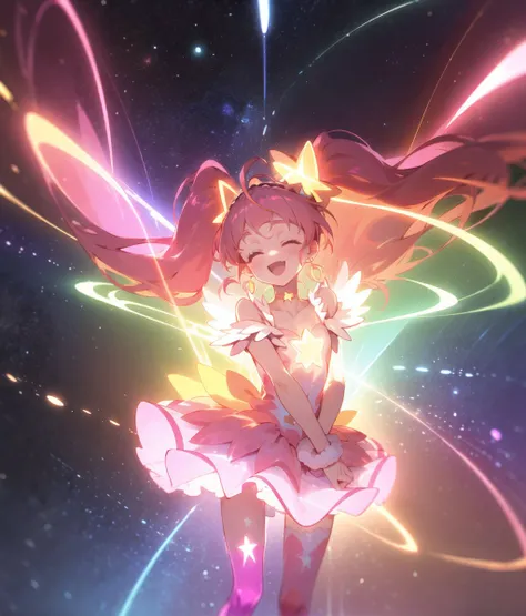 blue
floating,
(outdoors,:1.1) ,(happy, smile,;d:1.1)
(fantasy,:1.2) (colorful luminescence planet growing neon:1.3) (colorful luminescence girl growing neon:1.3)
galaxy,milky way,( planet,:1.2)
( holographic:1.1)(hologram,:1.3)(neon:1.1)
(starry sky:1.2), light particles, ,(glowing, transparent background,:1.3)<lora:glowing:-1> <lora:transparent:-1>
<lora:locon_cure_star_03:0.7> cure star, pink dress, twintails, hair bun, ahoge, star hair ornament, ((single)) thighhigh, bareleg, fur cuffs, bare shoulders, hairband, choker, earrings, jewelry