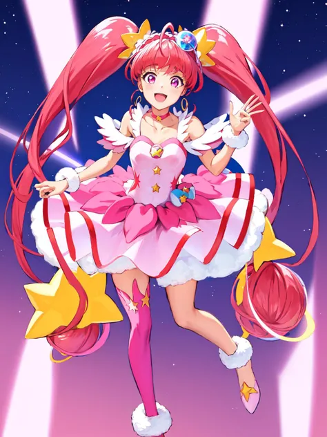 masterpiece, best quality, highres, looking_at_viewer, depth_of_field, full body,
1girl, <lora:locon_cure_star_03:0.9>, cure star, pink dress, ahoge, hair ornament, single thighhigh, bareleg, fur cuffs, bare shoulders, hairband, twintails, choker, earrings,
smile, standing, gradient background