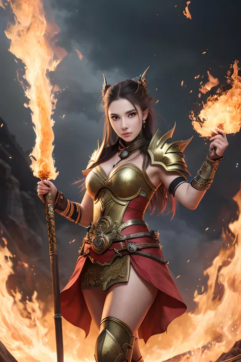 Masterpiece Photo of female fire elemental warlord holding staff, confident, inspiring, powerful, meaningful, high quality, realistic