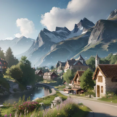 Masterpiece landscape, quaint village with nordic mountains in background, extremely detailed, high quality, ((octane render, unreal engine, HDR)) rich colors