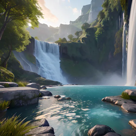 Masterpiece landscape, gushing waterfall, extremely detailed, high quality, ((octane render, unreal engine, HDR)) rich colors