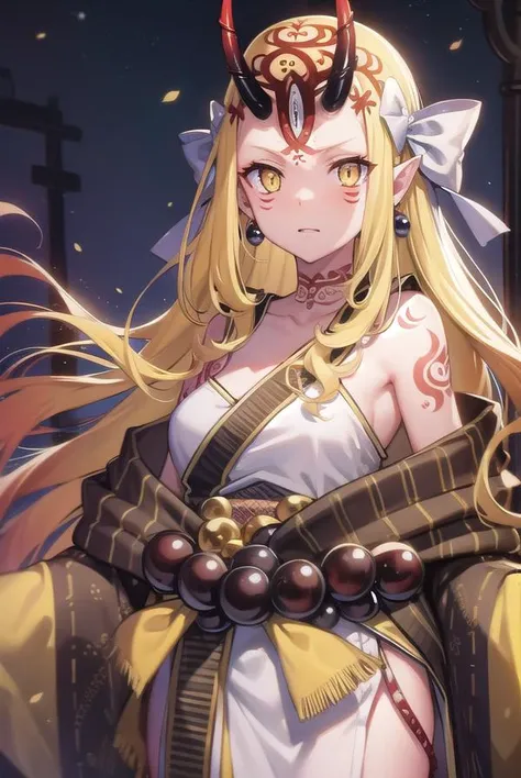 (masterpiece:1.5),(best quality:1.5),(high resolution:1.5),(8k:1.5),(Ultra HD:1.5),(perfect face:1.5),(beautiful detailed eyes:1.5),(Cowboy Shot:1.5),(extremely detailed face:1.5),(perfect lighting:1.5),(extremely detailed CG:1.5),(perfect hands:1.5),(perfect anatomy:1.5),(perfect body:1.5),(perfect hands:1.5),(perfect fingers:1.5),(full body:1.5),(fighter:1.4),(1Little Girl:1.3),(megami magazine:1.23),pale skin,(forehead two demon horn ears:1.3),(blonde medium long hair:1.3),(blonde eyes:1.35)(large breasts:1.2),(large ass:1.2),,(sexy look pose:1.5),(yellow Japanese kimono:1.3),( cool face:1.2),(cameltoe:1.3),(steam:1.2),(wet:1.2),(sweat:1.2),(looking at viewer:1.3),(face and body forward:1.3),(kimono in the white bikini clothed:1.3),(Japan Mansion:1.3)