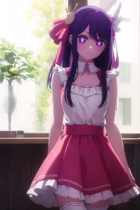 aihoshino, <lora:ai hoshino s1-lora-nochekaiser:1>,
ai hoshino, long hair, bangs, (purple eyes:1.1), purple hair, (symbol-shaped pupils:1.5), smile,
BREAK one side up, hair ornament, hair ribbon, skirt, thighhighs, white thighhighs, zettai ryouiki, idol, dress, pink dress, sleeveless, pink skirt, frilled skirt, bare shoulders, collar, white collar,
BREAK indoors, concert, stage,
BREAK looking at viewer, (cowboy shot:1.5),
BREAK <lyco:GoodHands-beta2:1>, (masterpiece:1.2), best quality, high resolution, unity 8k wallpaper, (illustration:0.8), (beautiful detailed eyes:1.6), extremely detailed face, perfect lighting, extremely detailed CG, (perfect hands, perfect anatomy),
