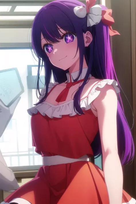 aihoshino, <lora:ai hoshino s1-lora-nochekaiser:1>,
ai hoshino, long hair, bangs, (purple eyes:1.1), purple hair, (symbol-shaped pupils:1.5), smile,
BREAK one side up, hair ornament, hair ribbon, skirt, thighhighs, white thighhighs, zettai ryouiki, idol, dress, red dress, sleeveless, pink skirt, frilled skirt, bare shoulders, collar, white collar,
BREAK indoors, concert, stage,
BREAK looking at viewer, (cowboy shot:1.5),
BREAK <lyco:GoodHands-beta2:1>, (masterpiece:1.2), best quality, high resolution, unity 8k wallpaper, (illustration:0.8), (beautiful detailed eyes:1.6), extremely detailed face, perfect lighting, extremely detailed CG, (perfect hands, perfect anatomy),