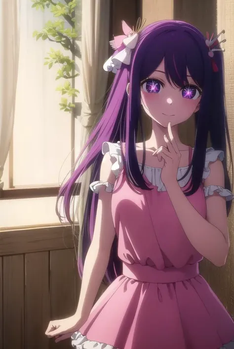 aihoshino, <lora:ai hoshino s1-lora-nochekaiser:1>,
ai hoshino, long hair, bangs, (purple eyes:1.1), purple hair, (symbol-shaped pupils:1.5), smile,
BREAK one side up, hair ornament, hair ribbon, skirt, thighhighs, white thighhighs, zettai ryouiki, idol, dress, pink dress, sleeveless, pink skirt, frilled skirt, bare shoulders, collar, white collar,
BREAK indoors, concert, stage,
BREAK looking at viewer, (cowboy shot:1.5),
BREAK <lyco:GoodHands-beta2:1>, (masterpiece:1.2), best quality, high resolution, unity 8k wallpaper, (illustration:0.8), (beautiful detailed eyes:1.6), extremely detailed face, perfect lighting, extremely detailed CG, (perfect hands, perfect anatomy),